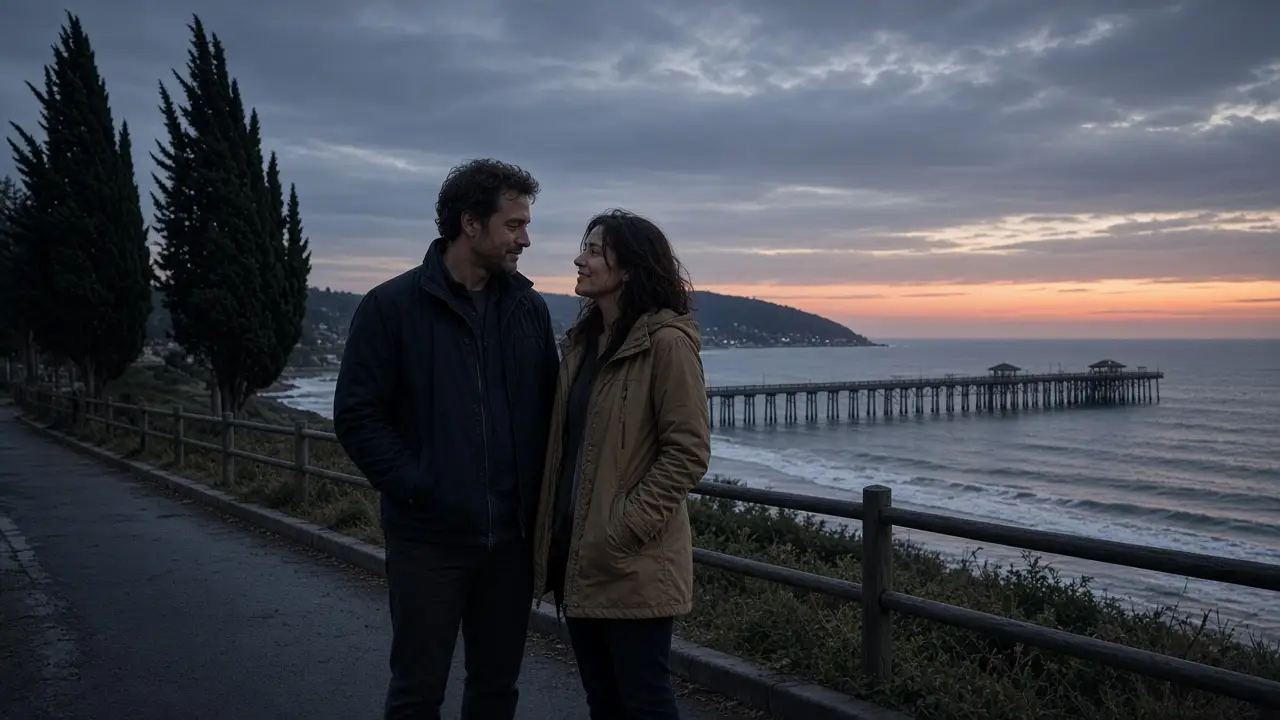 A dressed couple on a coastal sidewalk at dusk, cypress trees and a distant pier.