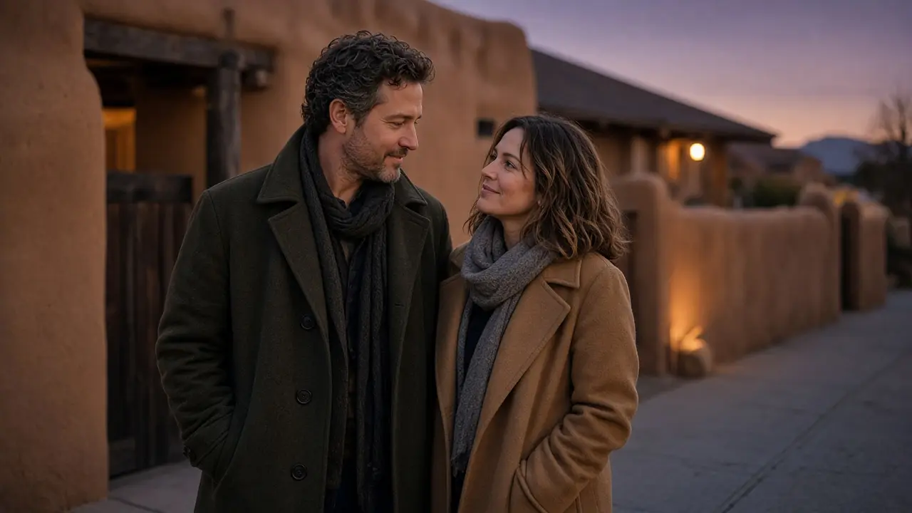 A dressed couple in coats on a high desert sidewalk at dusk, no signs.