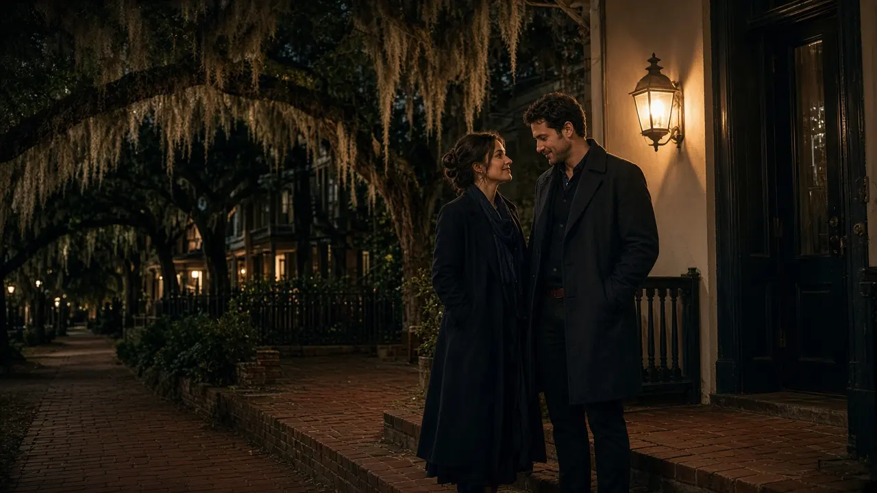A dressed couple on a porch at night, oak moss and a warm lamp.