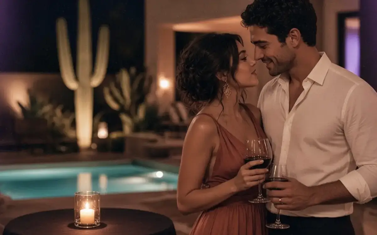 A dressed couple on a desert patio at night, warm pool light and a cactus behind them.