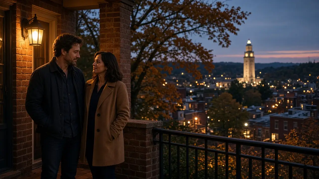 A dressed couple on a porch at dusk, a brick hillside and a warm lamp.