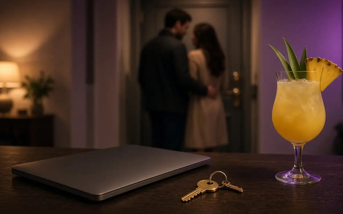 A couple at a private door, pineapple and a brass key in the foreground.