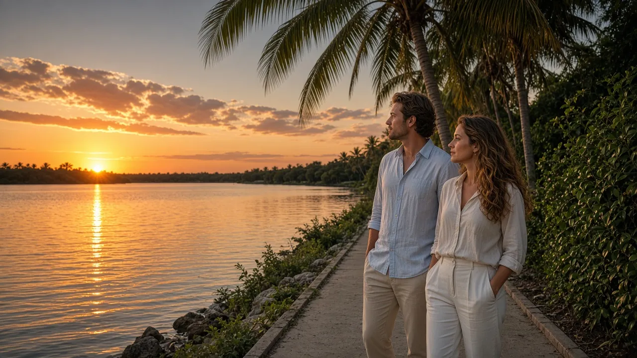 A dressed couple in light shirts on a lakeside sidewalk at dusk, palms and a calm lake, no signs.