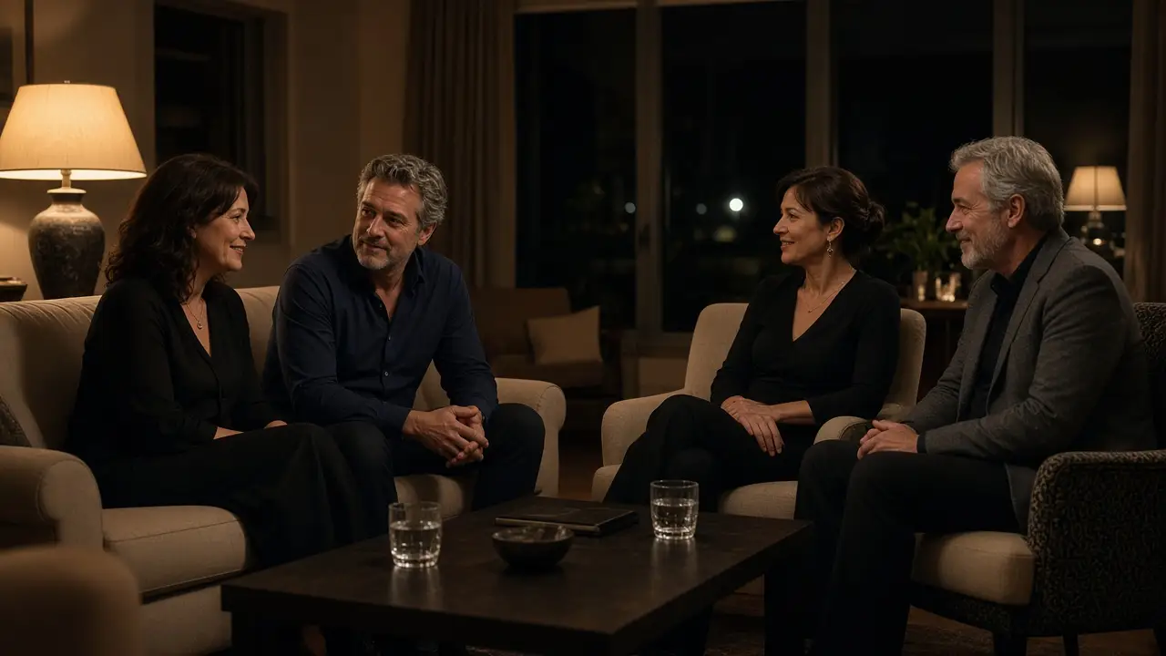 Two dressed couples talking in a warm living room at night.