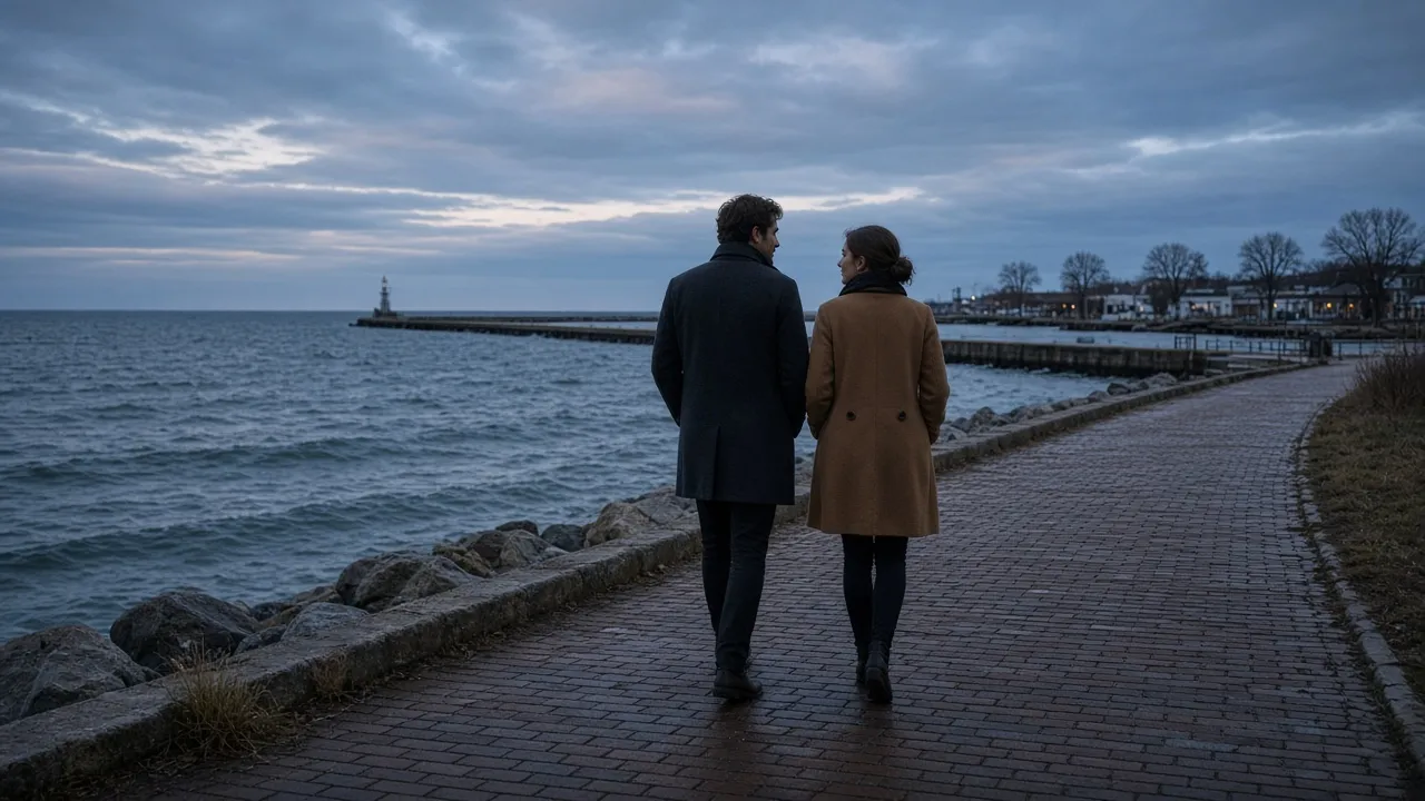 A dressed couple in wool coats on a harbor-town sidewalk at dusk, low waves behind, no signs.