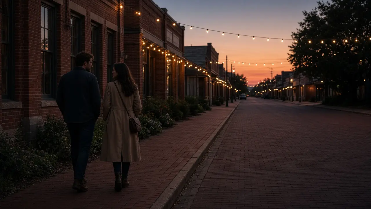 A dressed couple on a brick main street at dusk, no signs.