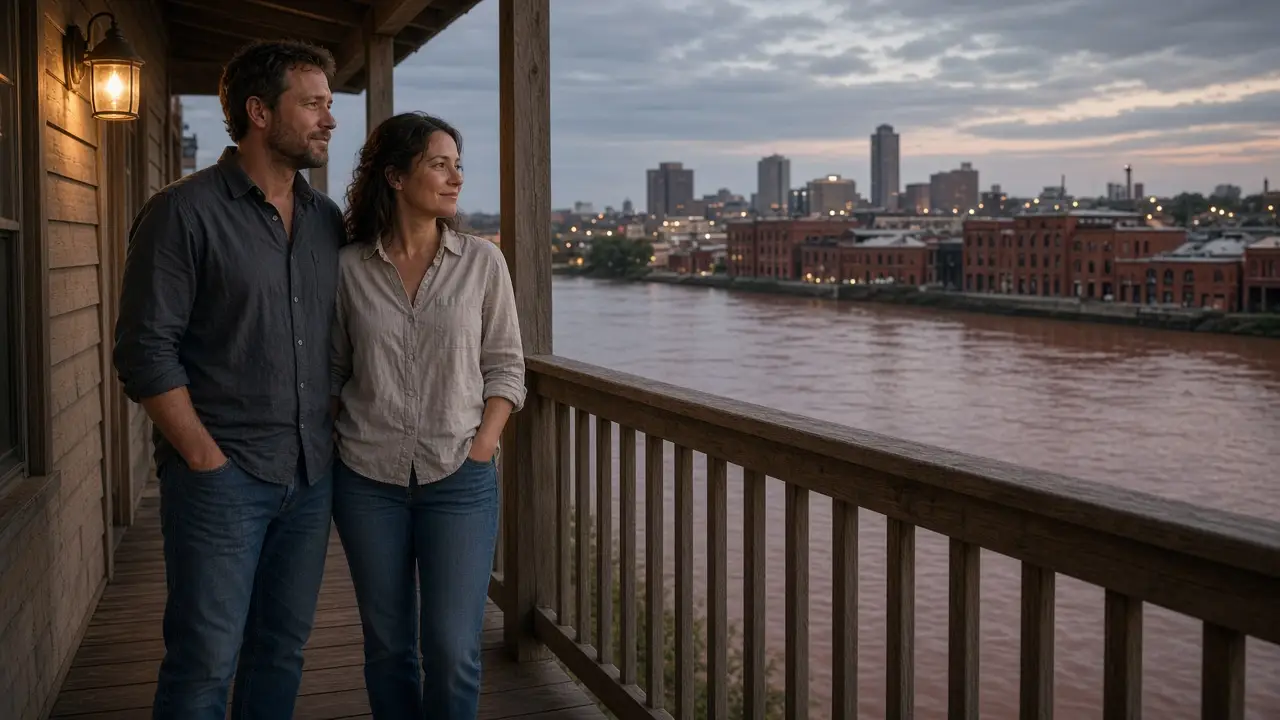 A dressed couple on a brick walk at dusk, a steel bridge and a wide river.
