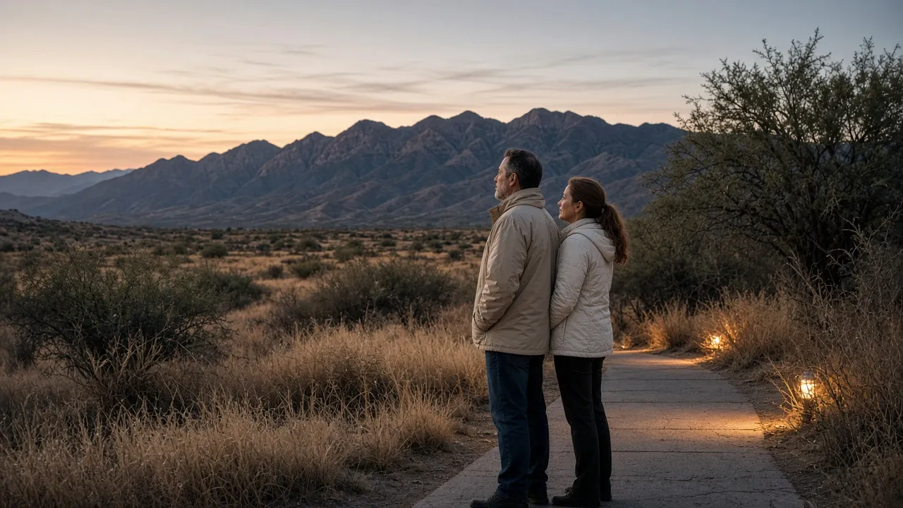 A dressed couple in light jackets on a desert-grass sidewalk at dusk, mountains behind.