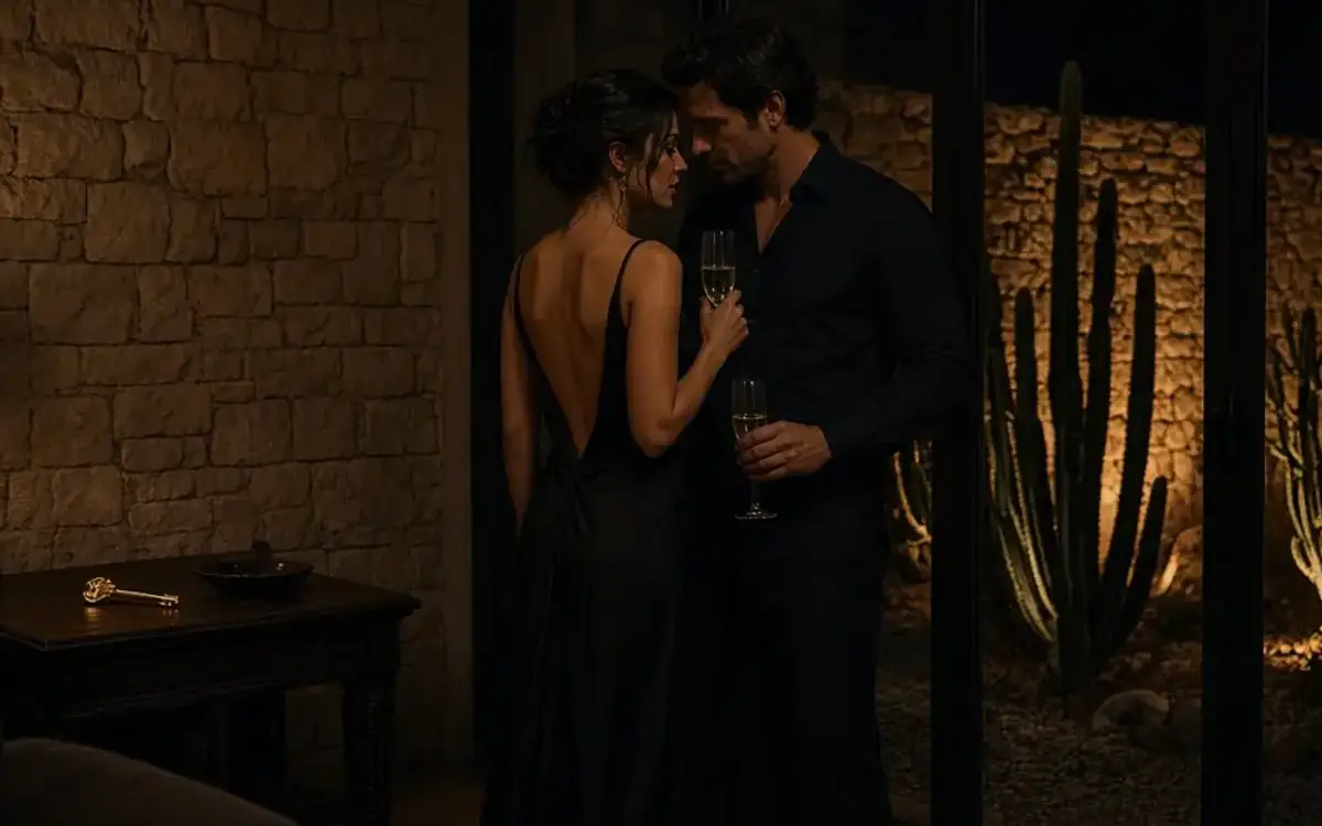 A dressed couple with champagne in a desert house, cactus garden beyond the glass.