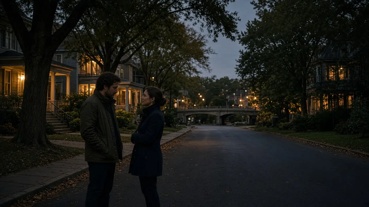 A dressed couple on a tree-lined street at dusk, a low bridge and warm house lights.