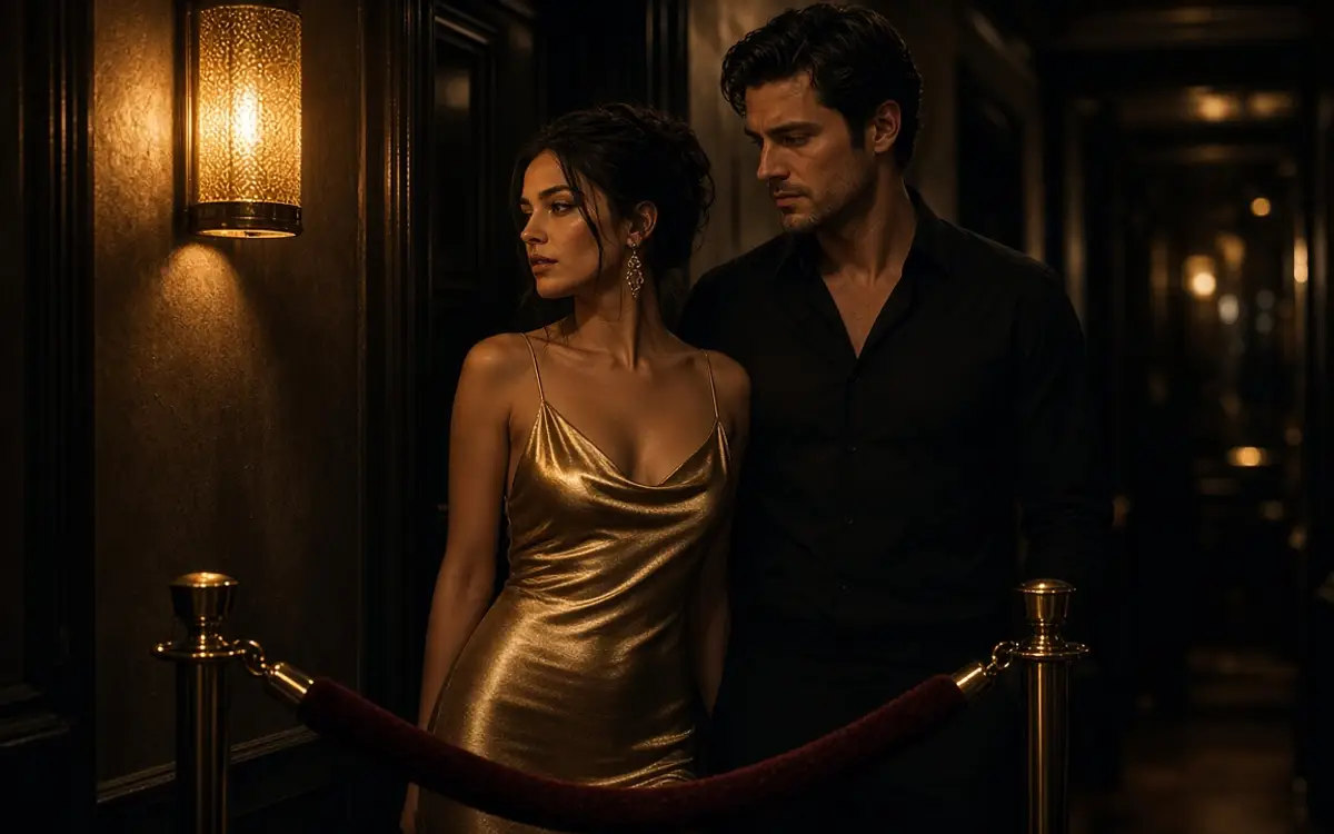 A dressed couple in a dim hallway, her gold dress against a dark wall.