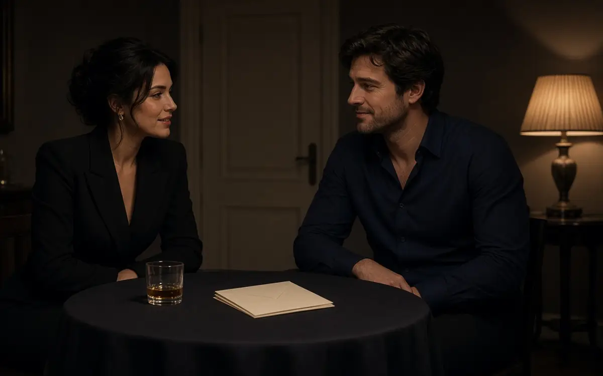 A dressed couple at a small lamp-lit table, drinks between them.
