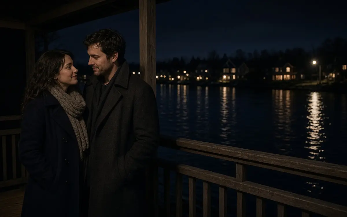 A dressed couple on a porch at night, a dark river and warm windows.