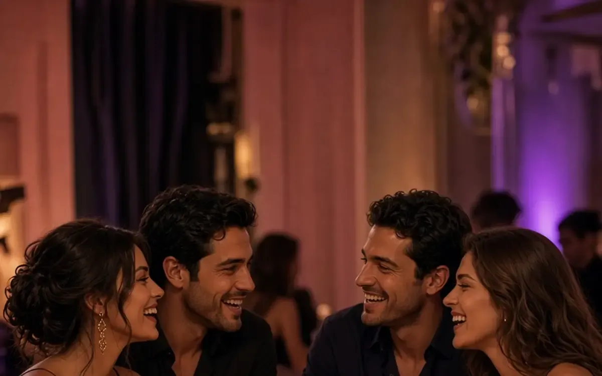 Two couples at a small table during a private speed date.
