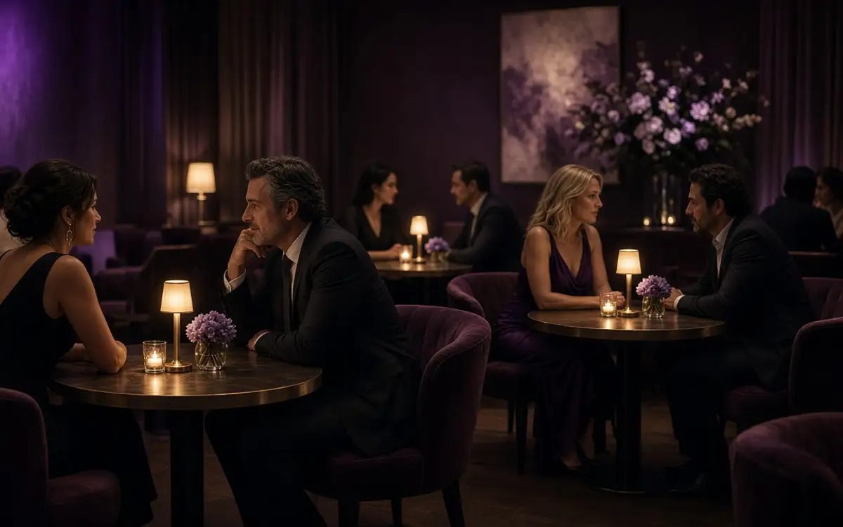 Dressed couples seated across small cocktail tables in a private room.