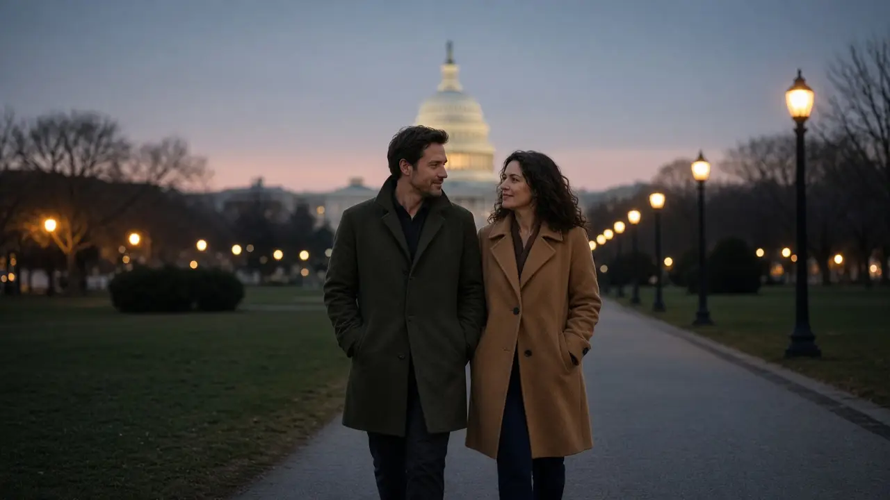 A dressed couple in coats on a lawn path at dusk, a distant dome out of focus.