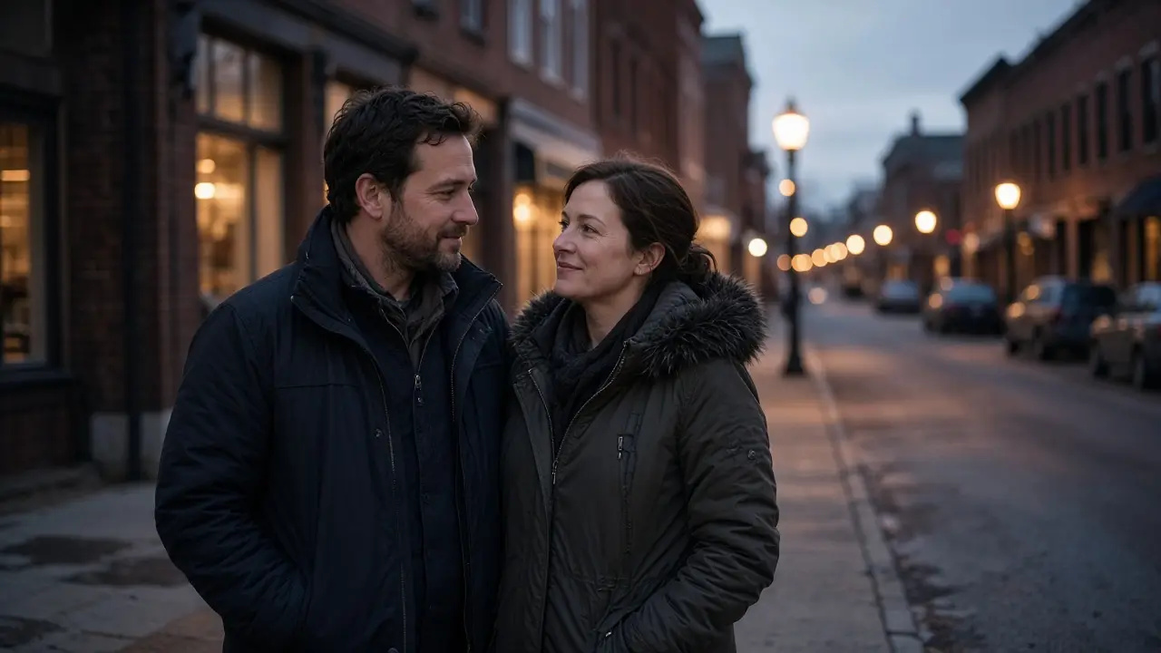 A dressed couple in jackets on a small-city sidewalk at dusk, no signs.