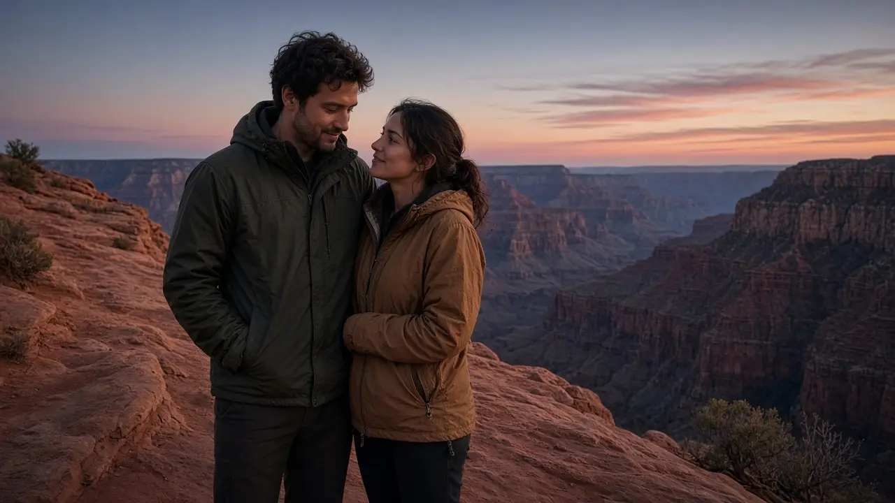 A dressed couple in jackets on a red rock path at dusk, cliffs beyond.