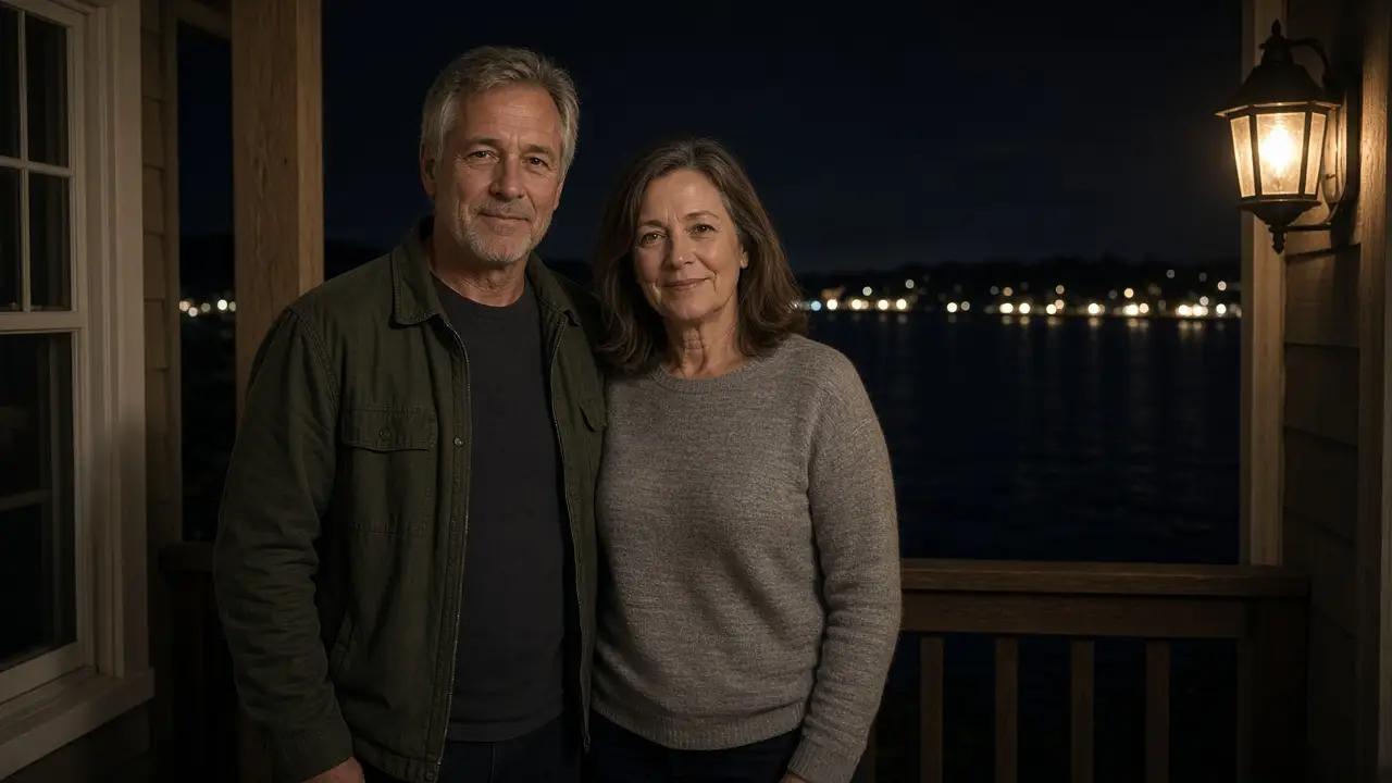 A dressed couple on a porch at night, harbor lights and a warm lamp.
