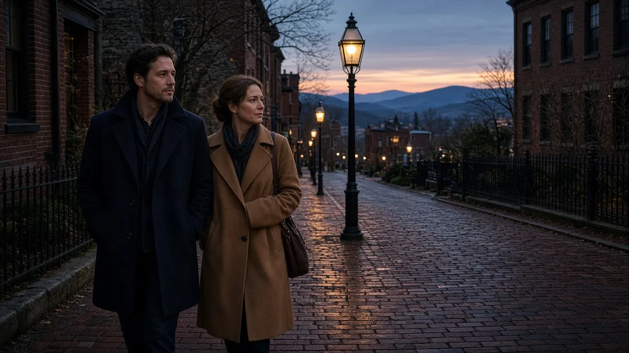 A dressed couple in coats on a brick valley sidewalk at dusk, no signs.