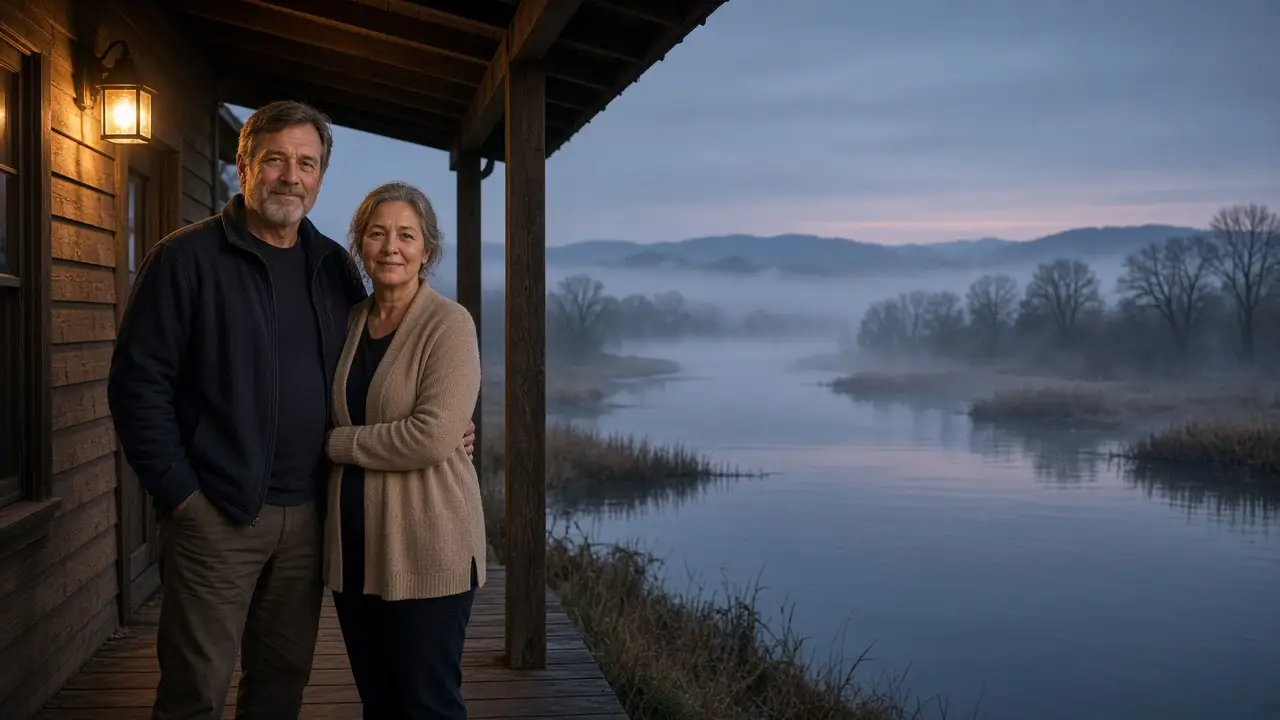 A dressed couple on a porch at night, a wide river and a warm lamp.