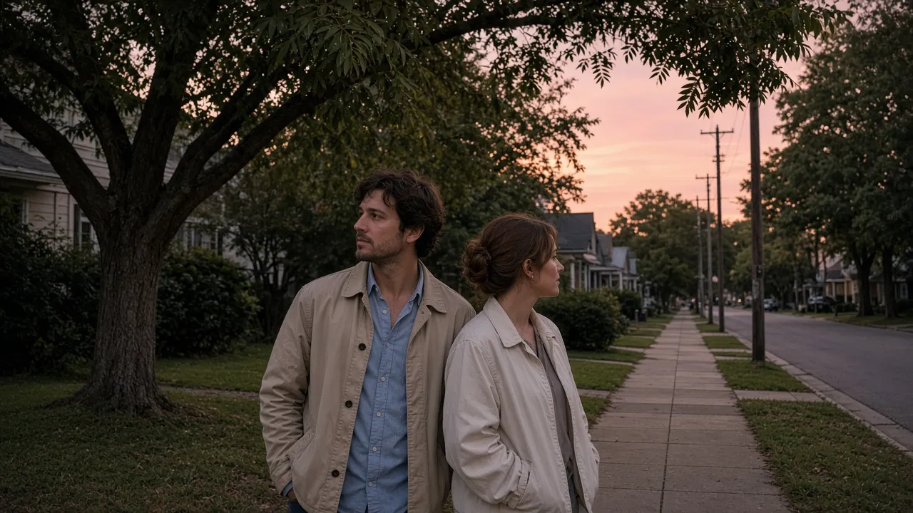 A dressed couple in light jackets on an inland-town sidewalk at dusk, pecan trees behind, no signs.