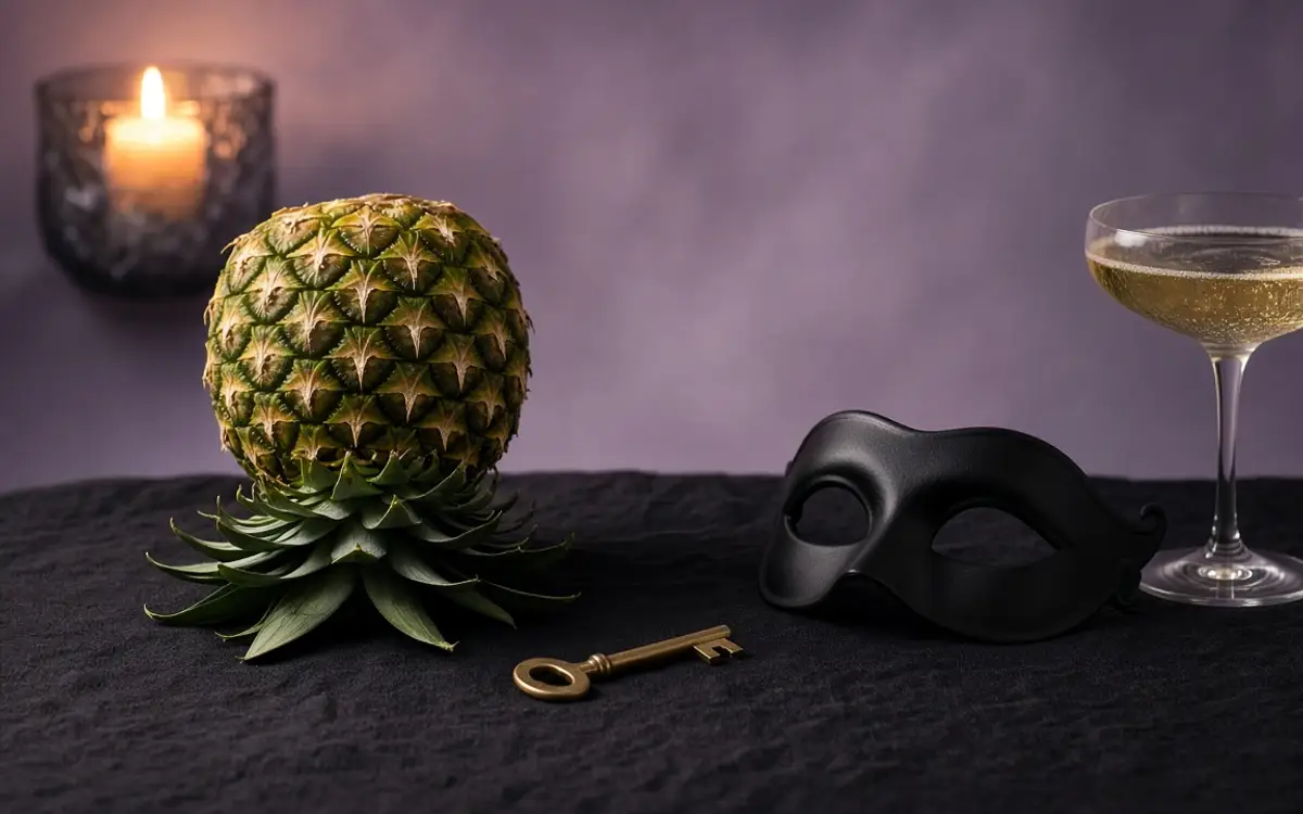 A pineapple, a brass key, a black mask, and champagne on a dark table.