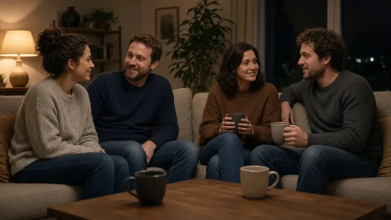 Two dressed couples talking on a sofa at night, coffee cups on the table and a warm lamp.