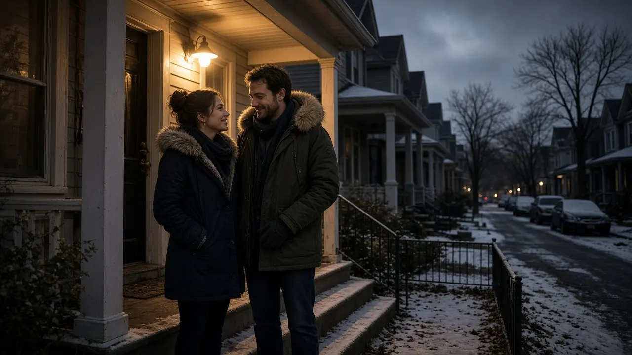 A dressed couple on a porch at night, lake-effect clouds and a warm lamp.