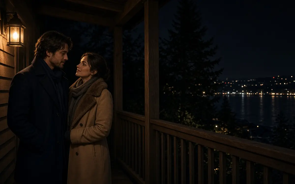 A dressed couple on a porch at night, dark water and distant city lights.