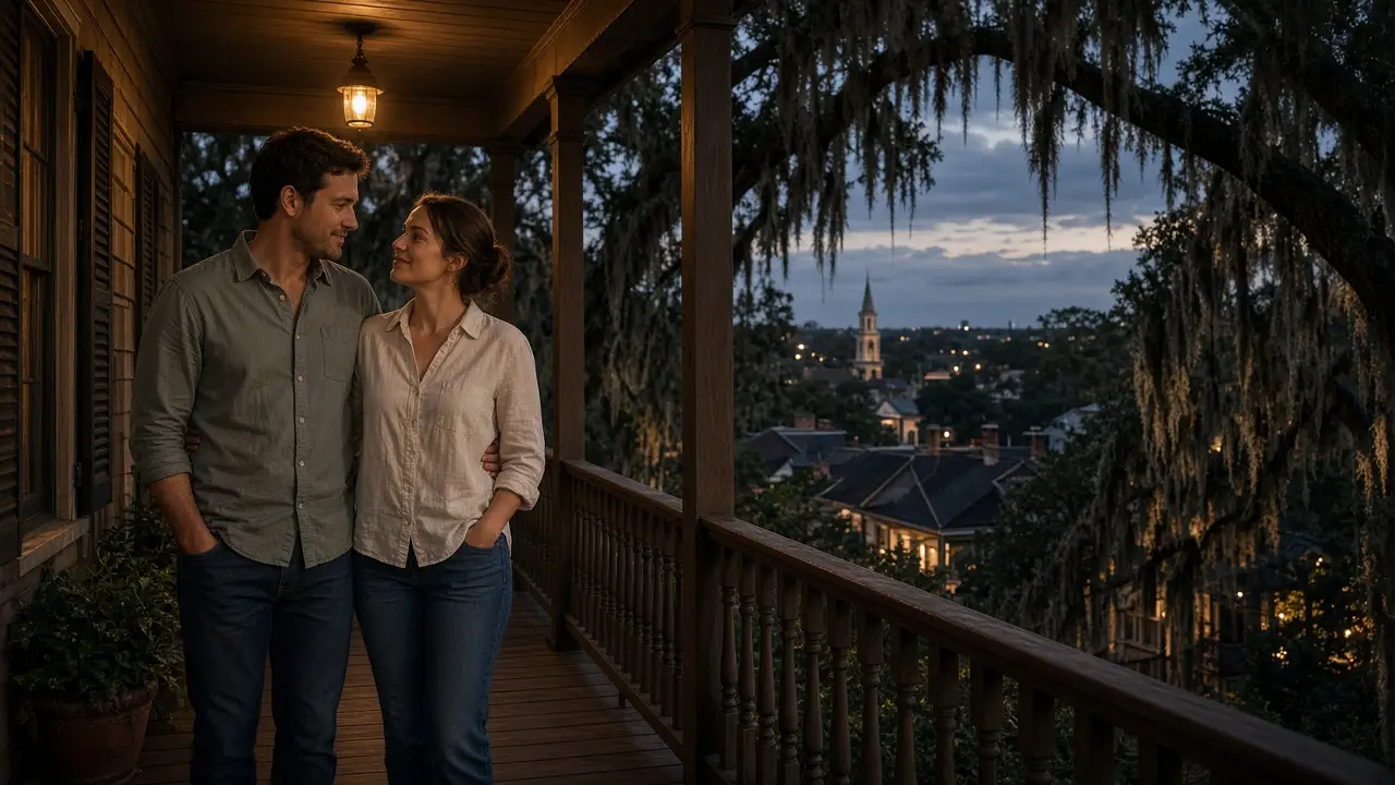 A dressed couple under live oaks at dusk, a low downtown behind them.