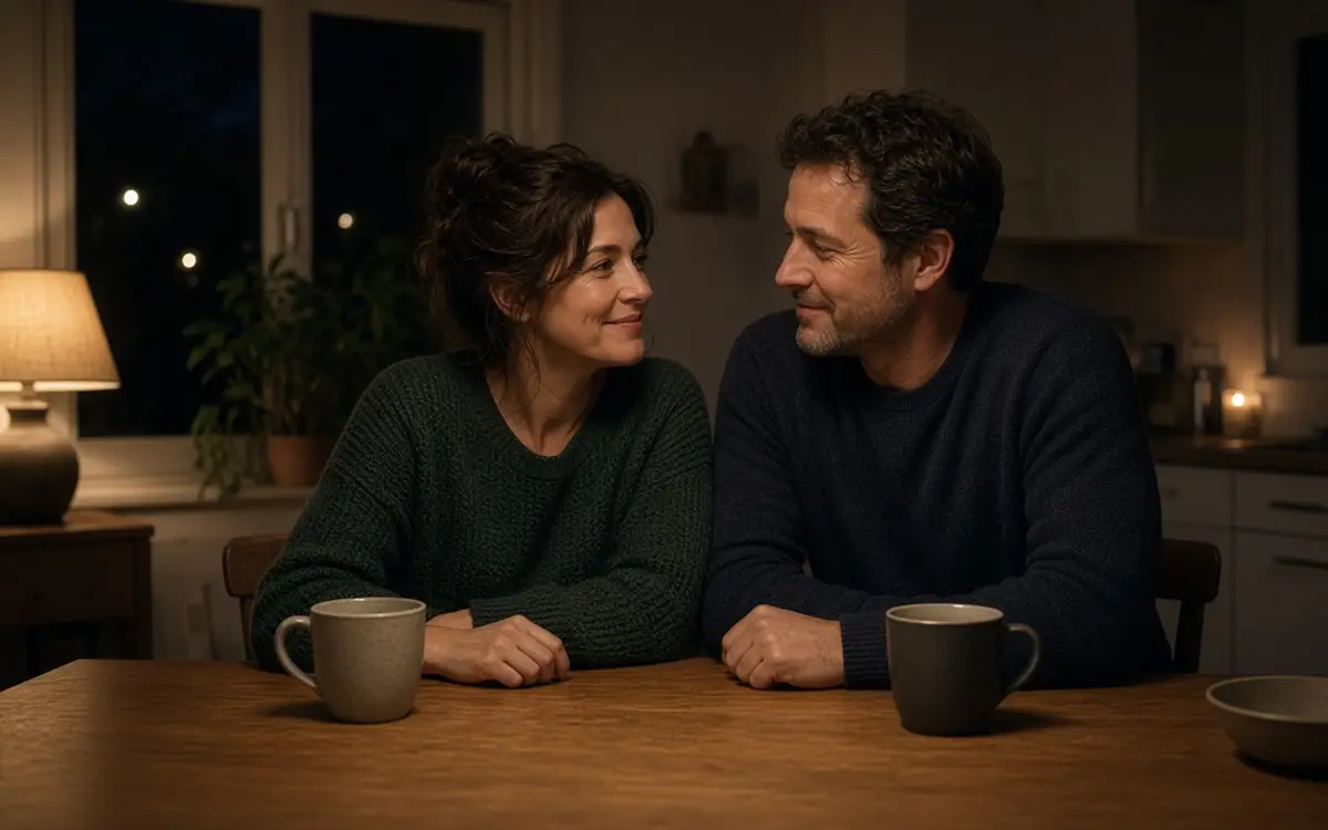 A dressed couple at a kitchen table at night, two cups and a warm lamp.