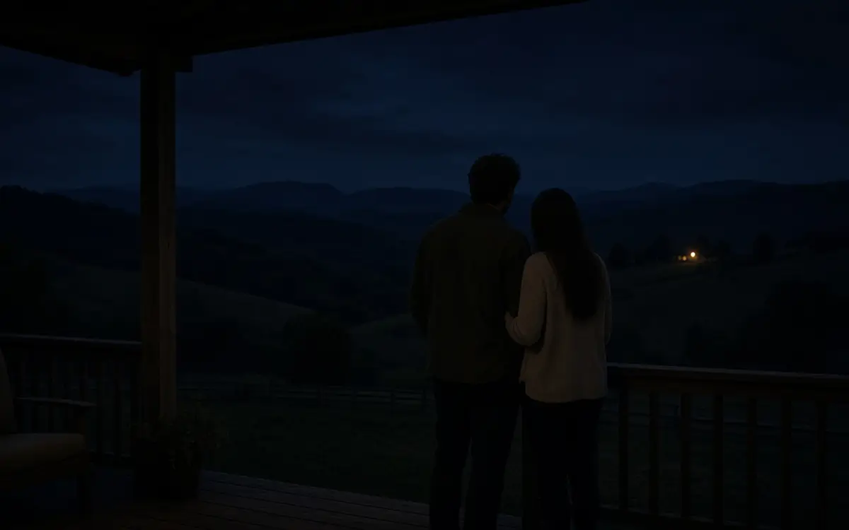 A dressed couple on a porch at night, dark hills and one warm window.