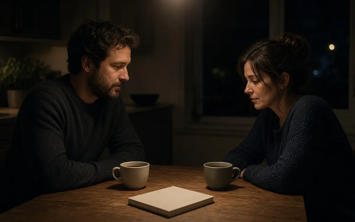 A dressed couple at a kitchen table at night, two coffee cups and a closed notebook.