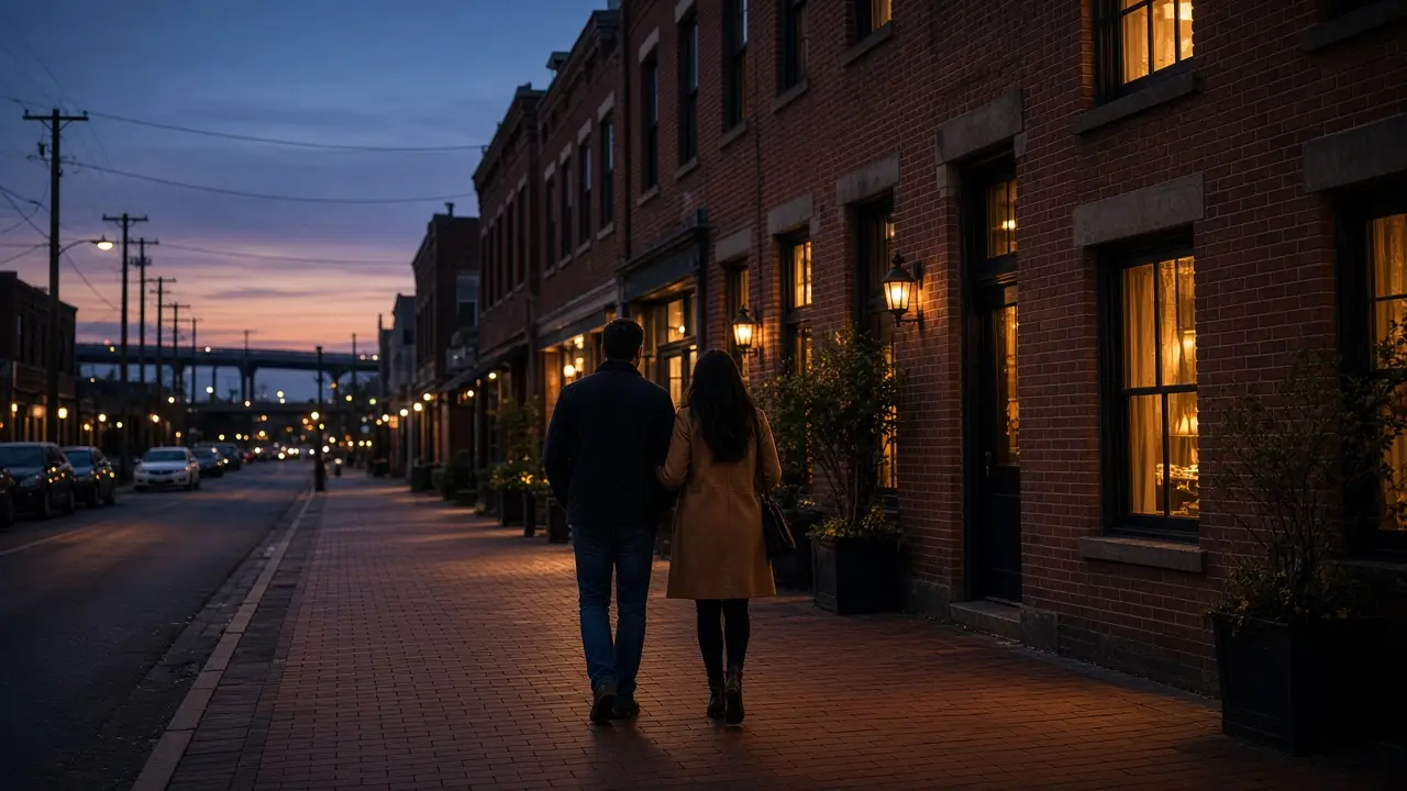 A dressed couple on a brick downtown sidewalk at dusk, no signs.
