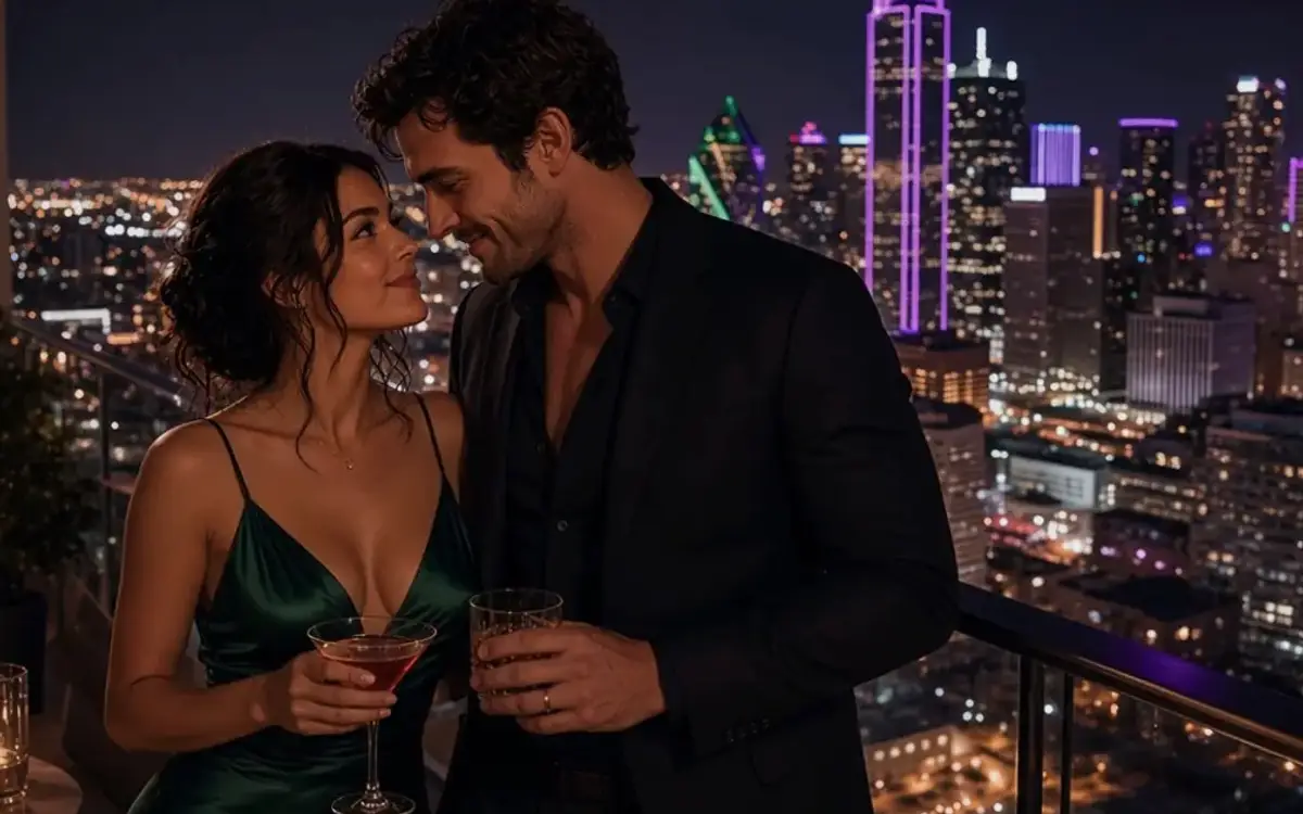 A dressed couple on a Dallas balcony at night, the downtown skyline behind the glass.