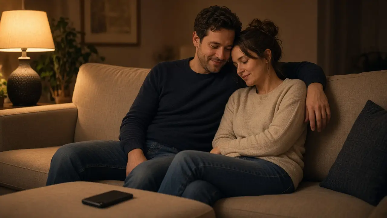 A dressed couple on a sofa at night, one phone face down and a warm lamp.