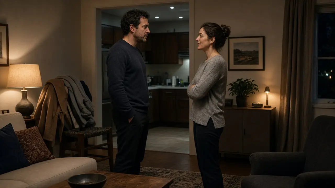 A dressed couple in a living room at night, coats on a chair and warm lamps.
