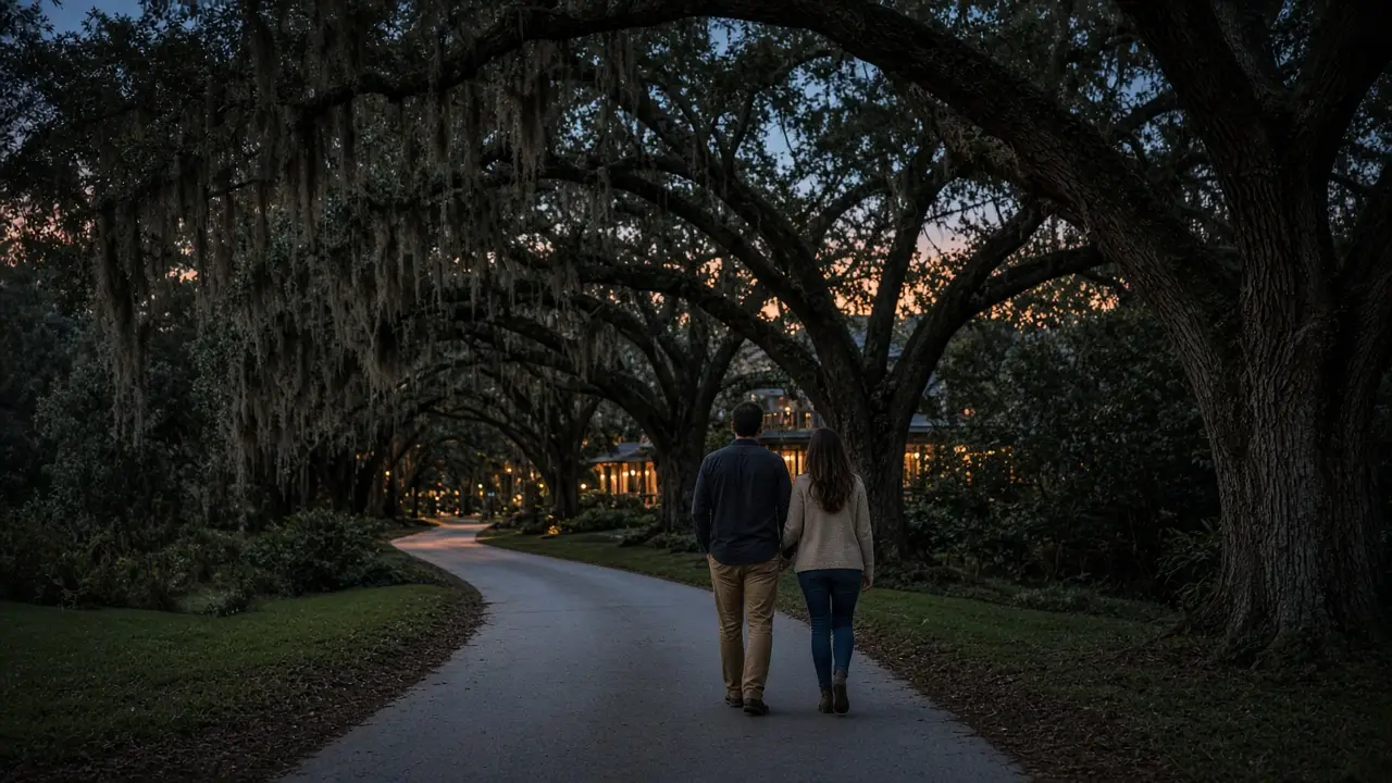 A dressed couple on a golf-cart path under live oaks at dusk, no signs.