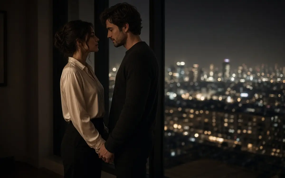 A dressed couple at a high window, her cream blouse and his dark sweater.