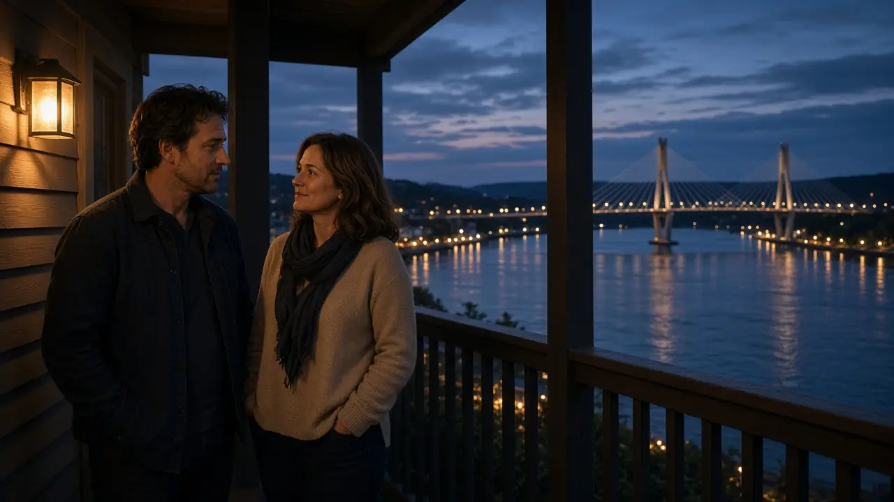 A dressed couple on a porch at dusk, a river and a glass bridge far off.