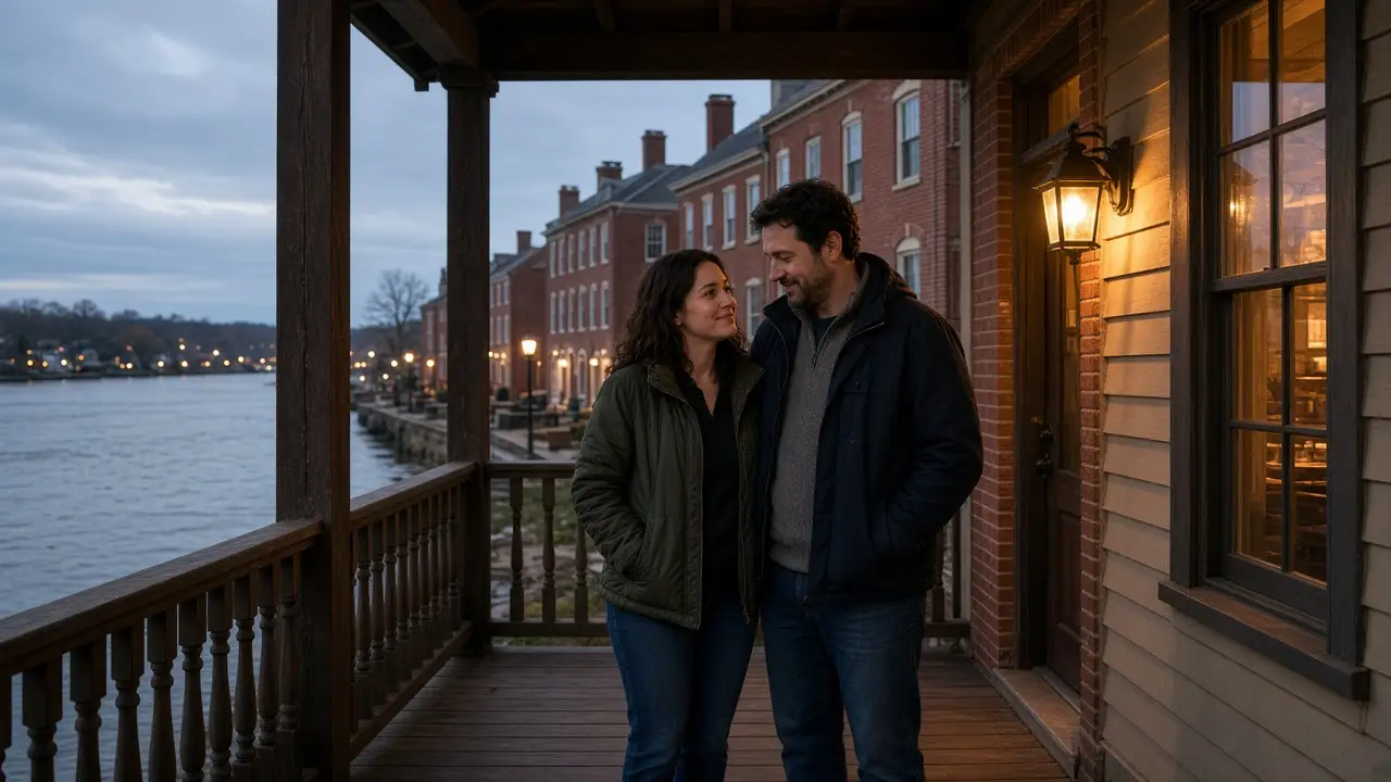 A dressed couple on a brick walk at dusk, a stone capitol and a river.