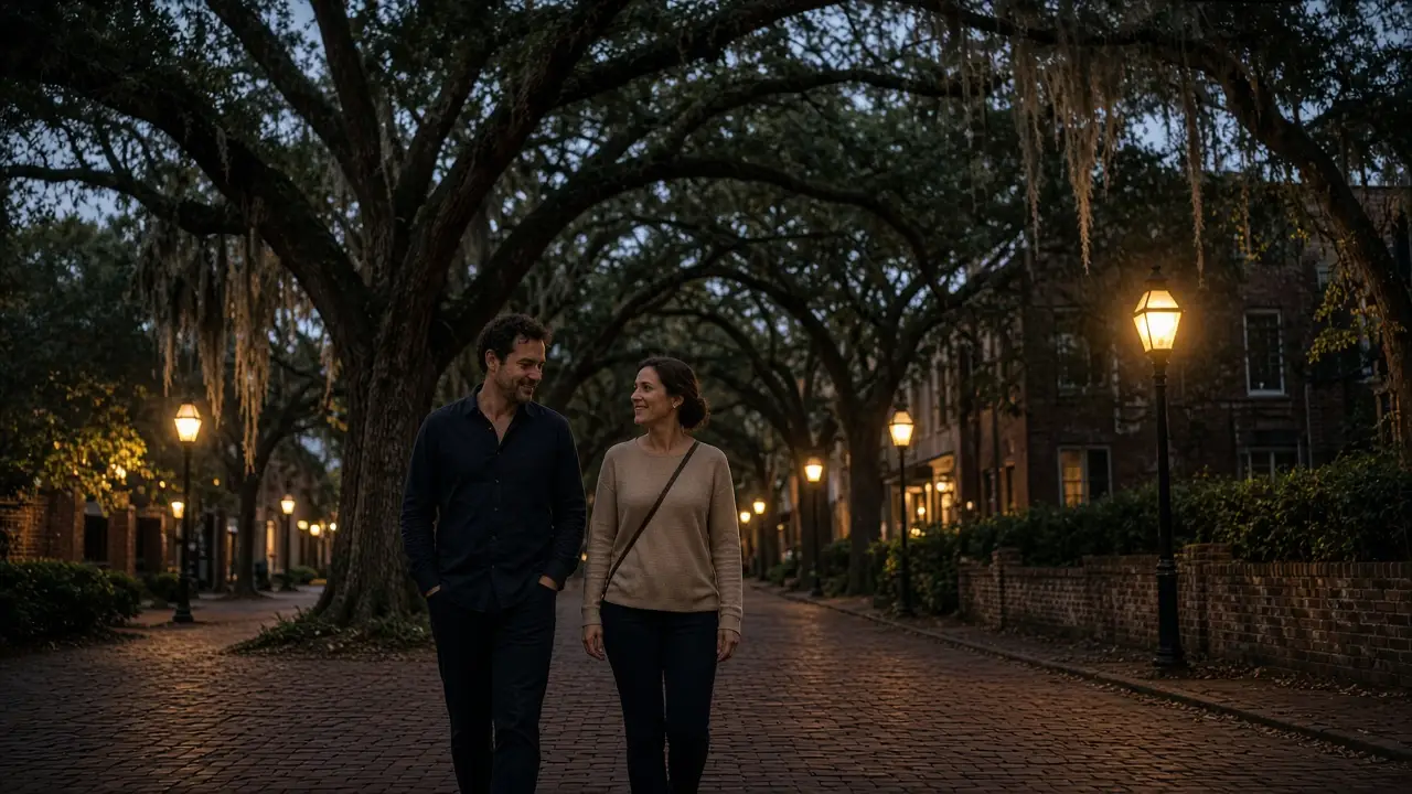 A dressed couple on a tree-lined brick street at dusk, live oaks and warm lamps.