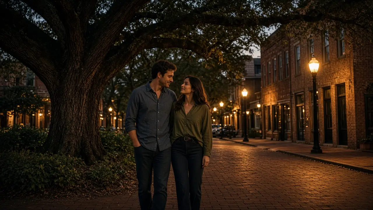A dressed couple on a brick sidewalk under a live oak at evening.