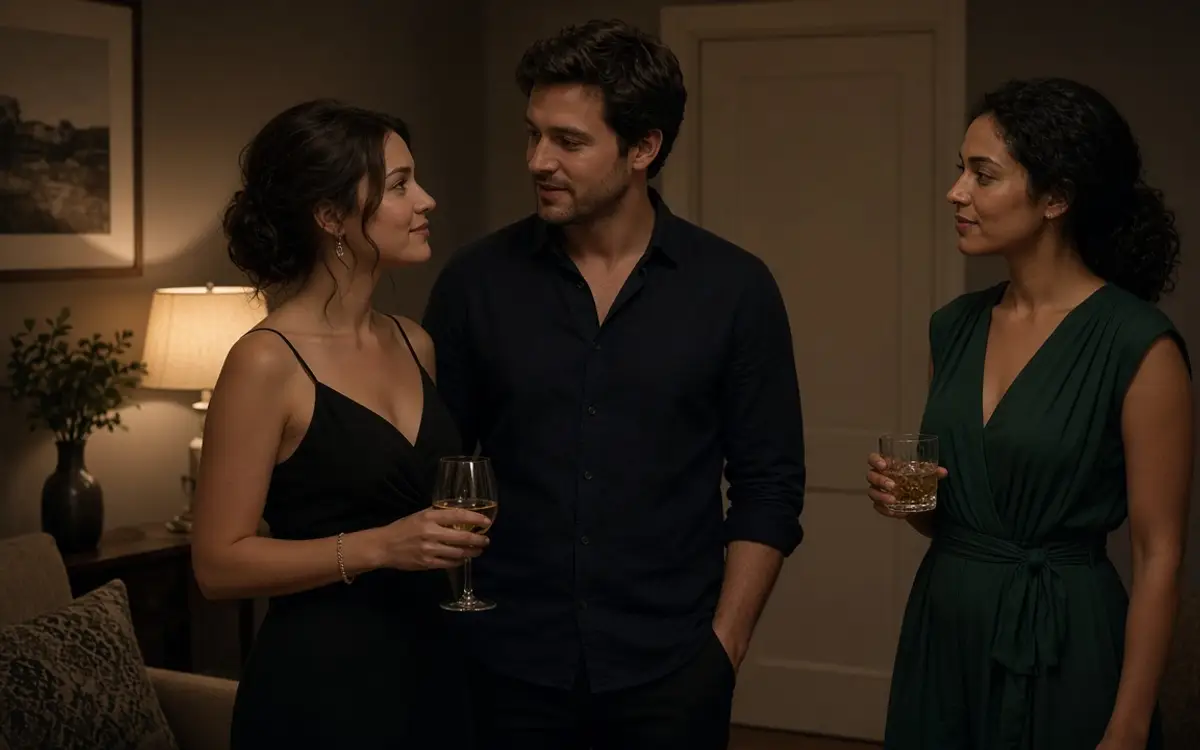 Three dressed guests in a private room, a woman in green between a couple.
