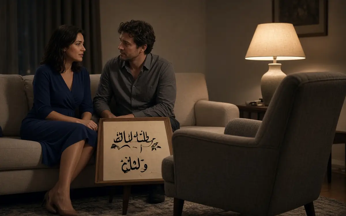 A dressed couple on a couch at home, an empty chair waiting across from them.