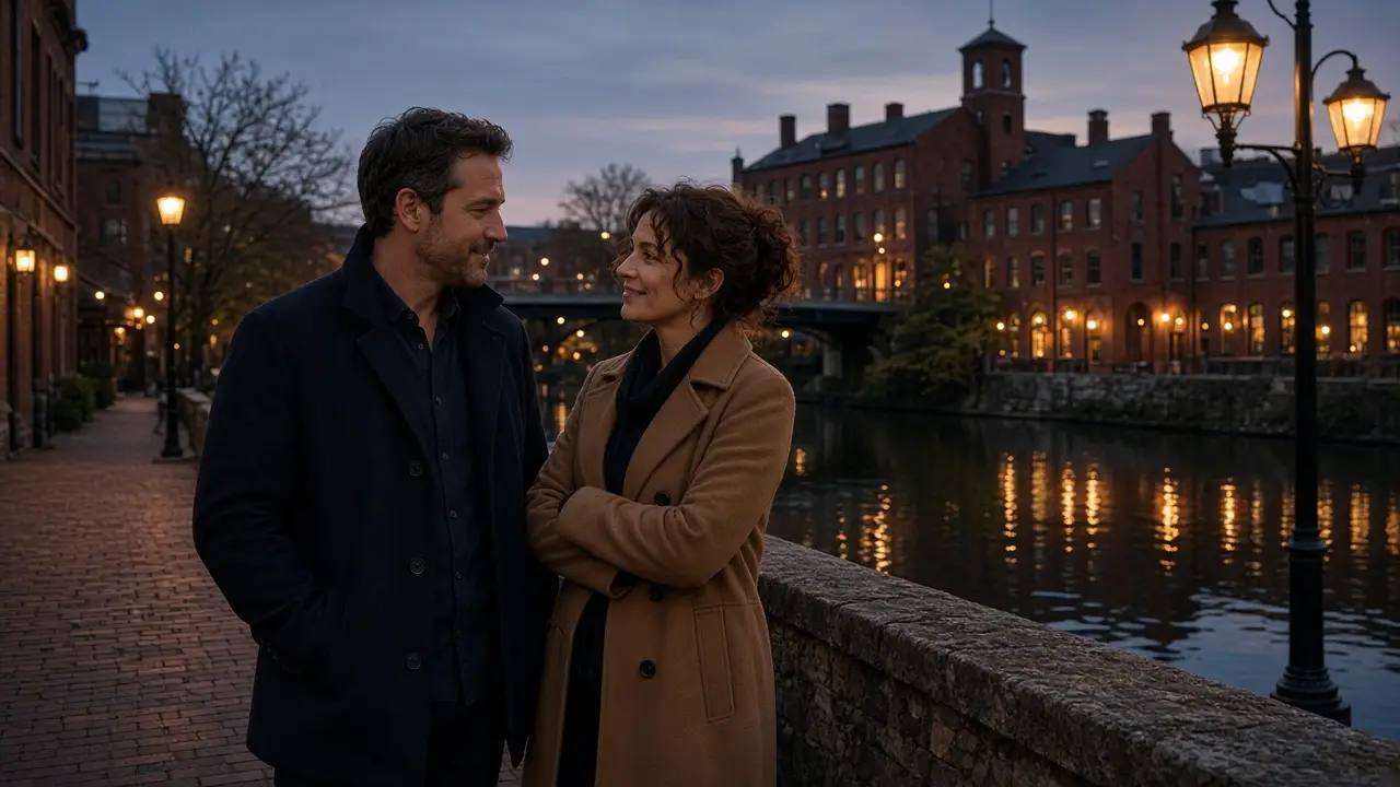 A dressed couple on a brick street at dusk, a river and old mill buildings.