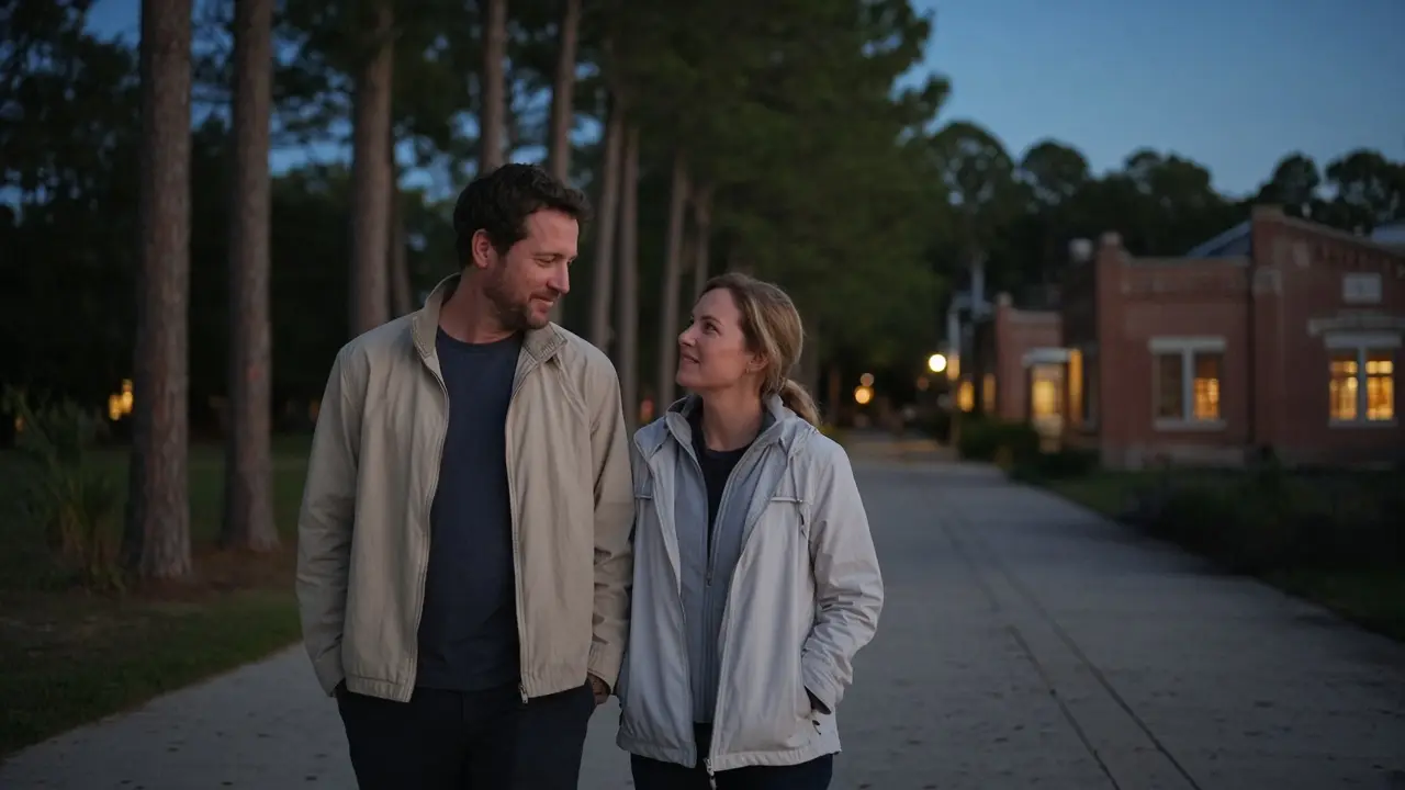 A dressed couple in jackets on a pine-lined sidewalk at dusk, no signs.