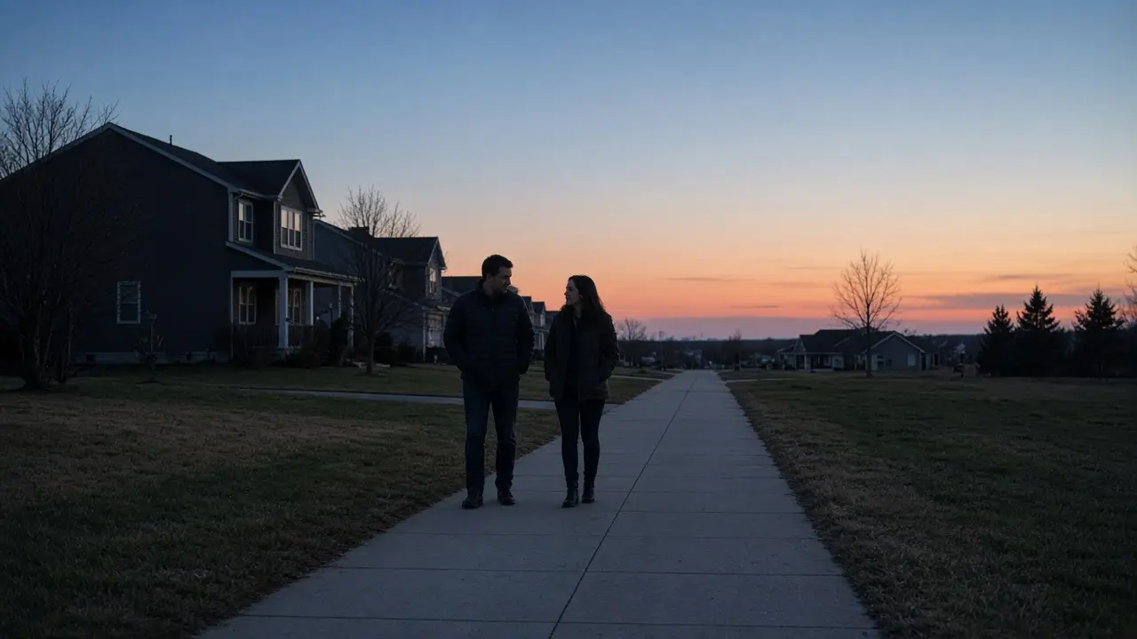 A dressed couple on a flat sidewalk at dusk, open sky, no signs.