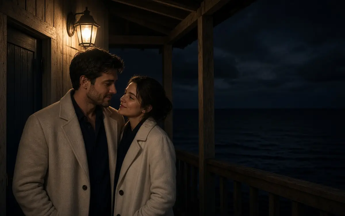 A dressed couple on a porch at night, dark ocean and a warm lamp.